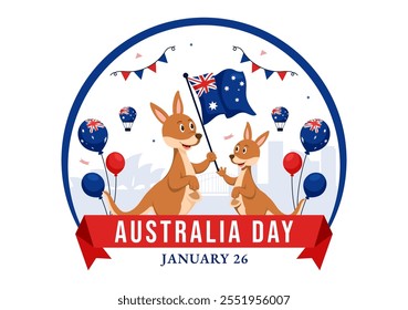 Feliz Ilustración vectorial del Día de Australia que celebra el 26 de enero, con un mapa y una bandera australiana ondeando en un fondo para un Festiva nacional