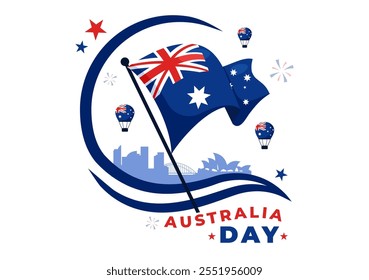 Feliz Ilustración vectorial del Día de Australia que celebra el 26 de enero, con un mapa y una bandera australiana ondeando en un fondo para un Festiva nacional