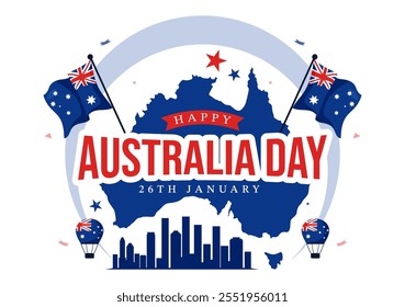 Feliz Ilustración vectorial del Día de Australia que celebra el 26 de enero, con un mapa y una bandera australiana ondeando en un fondo para un Festiva nacional