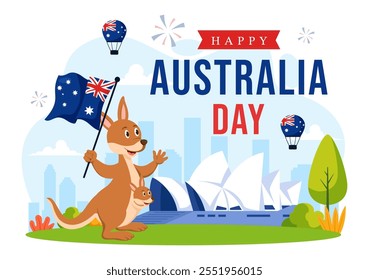 Feliz Ilustración vectorial del Día de Australia que celebra el 26 de enero, con un mapa y una bandera australiana ondeando en un fondo para un Festiva nacional