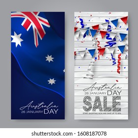 Happy Australia Day vertical banner set. National holiday background design. Bunting flags and confetti. Vector illustration.