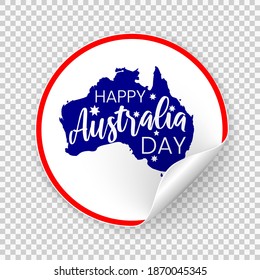 Happy Australia republic day text on map of Australia with stars round realistic sticker with curled edge. Vector illustration of round australian greeting label with rolled up corner.