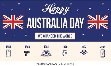 Happy Australian Day ,We changed the world ,  with The achievements of Australia, the invention of Australian ,for banner poster, template,lettering calligraphy with flag of Australia . Vector 