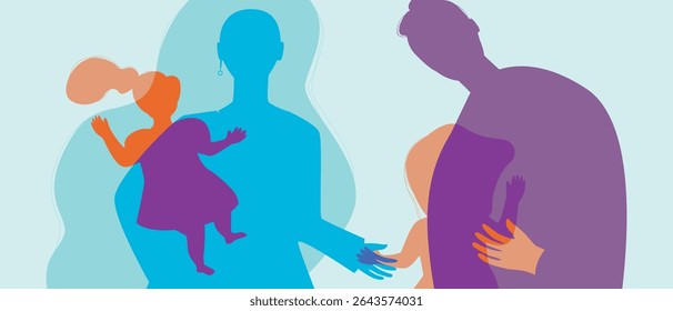 Família Autêntica Feliz com Crianças, Silhueta Vetor Ilustração Stock com Pais Abraçando Crianças