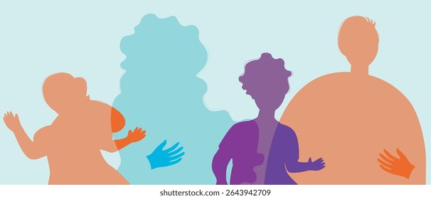 Happy Authentic Family with Children, Silhouette Vector Stock Illustration with Funny Parents and Kids