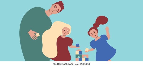 Happy Authentic Family with dad and baby girl playing with cubes, flat vector stock illustration