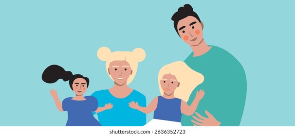 Happy Authentic Family with dad and baby girl, flat vector stock illustration