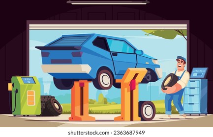 Happy auto service mechanic changing tyres in garage flat vector illustration
