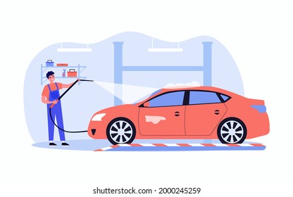 Happy auto service worker washing car. Young male character in uniform cleaning vehicle with water flat vector illustration. Car service concept for banner, website design or landing web page