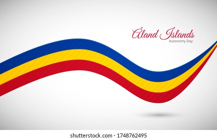 Happy autonomy day of aland Islands. Elegant shiny wavy aland Islands flag background with text typography.