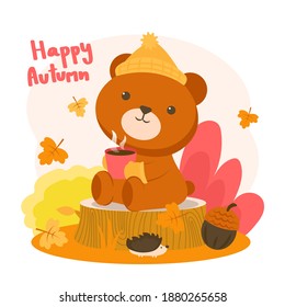 happy autumm with a bear sitting on a stump drinking coffee