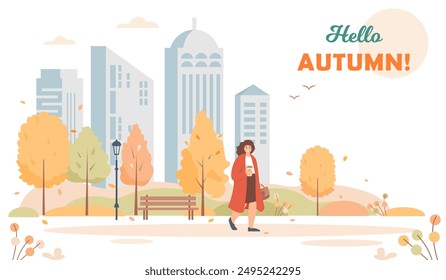 Happy Autumn background. City park with bright trees and modern buildings. Fall season in city concept. Vector banner illustration.