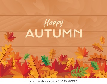 Happy autumn banner with colorful leaves on wooden background vector illustration. Wooden background frame with autumn colorful oak and maple leaves. Template for background, banner, card