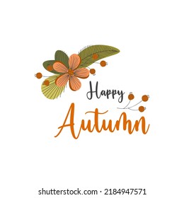 Happy Autumn banner with doodle flowers leaf berry autumn colors. Vector illustration