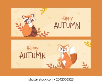Happy Autumn Banner Or Header Design Set With Cartoon Raccoon, Fox And Leaves On Pastel Yellow Background.