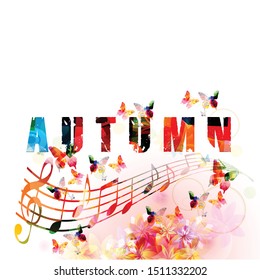 Happy autumn banner with music staff, typographic background poster. Colorful word autumn with music notes isolated vector illustration design