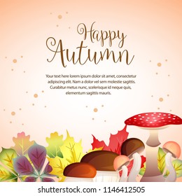 happy autumn border with mushrooms and vivid leaves