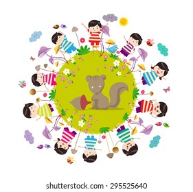 Happy autumn. Bright background with funny animals and happy kids which are on the ground round