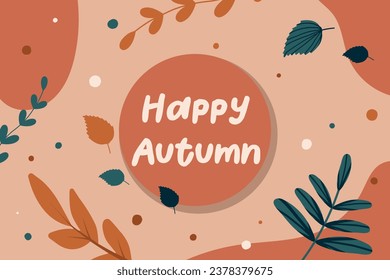Happy autumn brush pen lettering. Simple background with orange and dark green elements. Design holiday greeting card and invitation of seasonal american and canadian autumn holiday