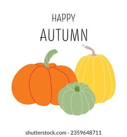 Happy autumn card. Hand drawn pumpkins on white background. Vector harvest, autumn design element for poster, banner, badge, label, print, card