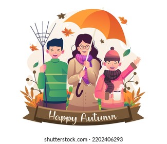 Happy Autumn celebration with a young girl holding an umbrella, a man holding a broom, and enjoying a cup of coffee. Vector illustration in flat style
