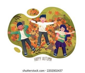 Happy Autumn with children lying on a pile of foliage fallen leaves. Kids Playing with Autumn Leaves. Vector illustration in flat style