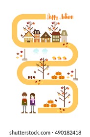 Happy Autumn with autumn city landscape on flat road.Vector