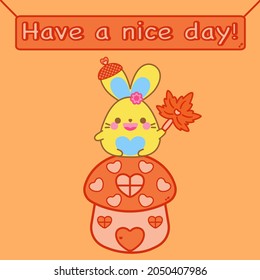 Happy Autumn concept. Happy cute bunny hold maple leaf sit on roof of little mushroom house. Orange background. Kawaii rabbit cartoon character smile doodle art design. Have a nice day! Lovely card.