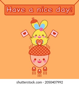 Happy Autumn concept. Happy cute bunny hold heart flag flying on acorn rocket. Orange background. Kawaii rabbit adorable animal cartoon character smile doodle art design. Have a nice day! Lovely card.