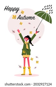 Happy Autumn concept. Young happy woman with umbrella. Healthy lifestyle and recreation leisure activity. Vector illustration.