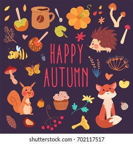 Happy autumn cute set of forest animals, bugs, mushrooms and sweet food.