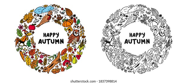 Happy autumn doodle vector illustration. Full color and black white hand drawing doodle arts.