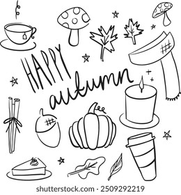Happy autumn doodles with isolated autumn objects including pumpkin, mushrooms and candle