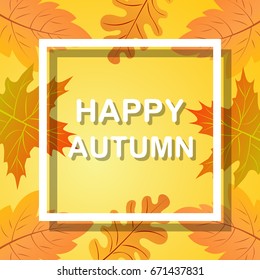 Happy Autumn, fall background with bright golden maple leaves. Abstract poster illustration . Blurred soft backdrop.
