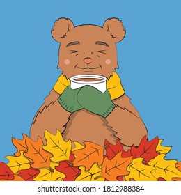 Happy autumn fall leaf seasonal smiling bear illustration