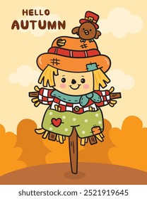 Happy Autumn fall season scarecrow with little bird (cute kid farm character). Kawaii drawing November (harvest festival) adorable child. Perfect makes a wish for background and shirt design.