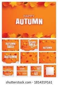 Happy autumn fall set invitation and sale paper art style with leaves on orange background.