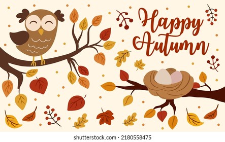 Happy Autumn falling leaves and cute funny owl vector banner