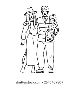 happy autumn family fashion vector. fall child, park young, mom girl happy autumn family fashion character. people black line pencil drawing illustration