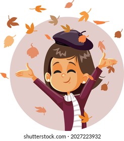 Happy Autumn Girl Vector Cartoon Illustration. Cheerful smiling child playing with dry leaves in fall season
