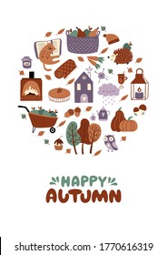 Happy Autumn greeting card of pumpkins, hedgehog, apple,  mushrooms, acorns, autumn leaves, trees, etc. Vector illustration with elements of the fall season. 