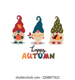 Happy autumn handwritten phrase. Hand lettering and colorful illustration of cute gnomes as card, poster, emblem, banner for holidays. Seasonal greetings. Autumn mood. Vector brush calligraphy