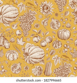 Happy Autumn. Harvest. Autumn seamless pattern. Vector vintage illustration. Yellow and brown 