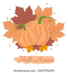 Happy, Autumn, Hello, fall leaves, pumpkin, vector illustration, white background, leaves, yellow, red, green, yellow, brushes, strokes, seasonal, nature in motion, vector design