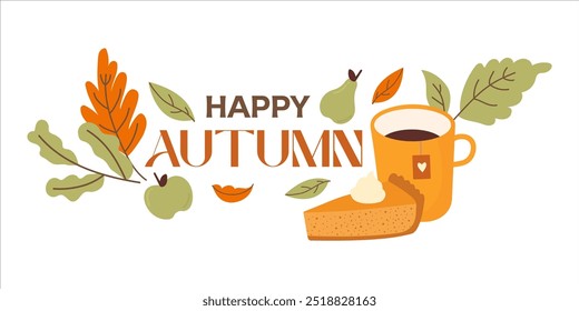 Happy Autumn is here. Autumn phrase with cute and cozy design elements decorative