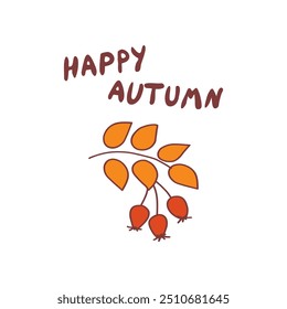 Happy autumn illustration featuring colorful leaves and berries celebrating the season in a simple and cheerful design