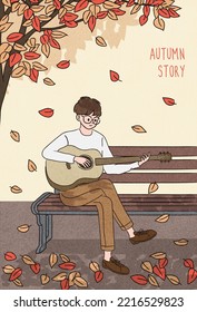 Happy Autumn with man. Boy playing music on guitar. Sitting on wooden bench in fall park. Postcard layout, Banner, Book cover template. Line drawing, Hand drawn style. Flat vector illustration.