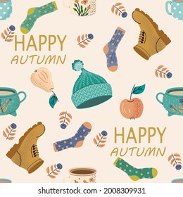 
Happy autumn seamless pattern. Pattern for the fabric of a hat, shoes, socks, cups. Vector illustration.