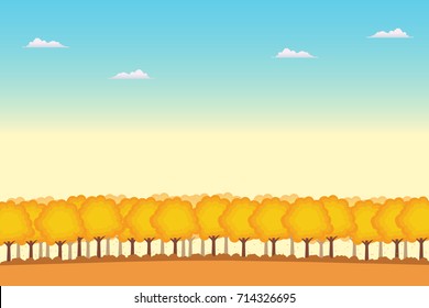 Happy Autumn Season Background with orange shade of forest. season sale banner.  discount poster. layout advertising. flyer promotion. backdrop template. warm color tone scenic. Vector Illustration