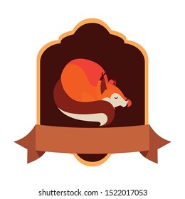 happy autumn season fox mammal badge ribbon vector illustration